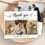 Budget Photo Collage Script Weddenschap Hartelijk<br><div class="desc">Budget, Elegant, Hand Lettered Script Wedding (3) Drie de Collage van de Foto Dank u gepersonaliseerd betaalbaar laag budget THIN kaart. Stijlvolle bruiloft bedankt je sjabloon met drie foto's op de voorkant en één foto op de achterkant. ***GELIEVE OPMERKING TE MAKEN! *** BEGROTINGSPAPIER/FLYER IS THIN. *** UPGRADE HET PAPIER VOOR...</div>
