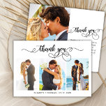Budget Photo Collage Script Weddenschap Hartelijk<br><div class="desc">Budget, Elegant, Hand Lettered Script (3) Fotocollage Bruiloft Dank u gepersonaliseerde betaalbare low budget THIN kaart. Stijlvolle bruiloft dank u kaart sjabloon met (3) drie foto op de voorkant en (1) een foto op de achterkant. ***LET OP! *** BUDGET PAPER/FLYER IS DUN. *** UPGRADE HET PAPIER VOOR EEN DIKKER PAPIER....</div>