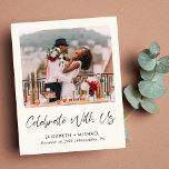 Budget Photo Cream Wedding Reception<br><div class="desc">Budget-vriendelijke lichte crème elopement en kleinere bruiloft aankondiging en post-bruiloft receptie of feest uitnodiging. Op de voorzijde staat je foto, "Celebrate With Us" in een chic script en je voornamen, trouwdatum en locatie in eenvoudige moderne typografie. Aan de andere kant, personaliseer uw bruiloft of vlucht aankondiging in meer detail, voeg...</div>