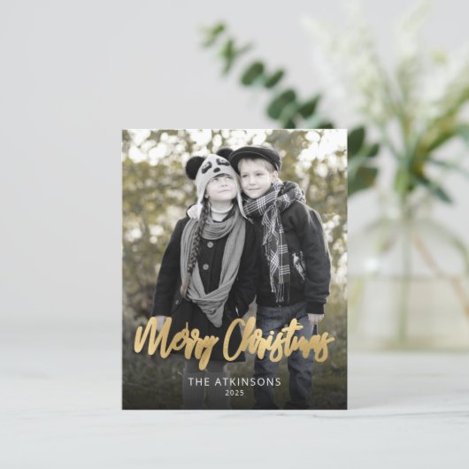 Budget Photo Gold Script Merry Christmas Card (Staand voorkant)
