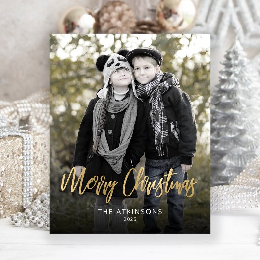 Budget Photo Gold Script Merry Christmas Card
