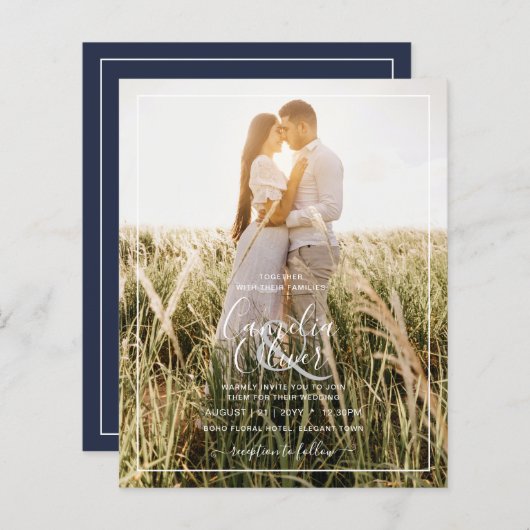 BUDGET Photo Overlay Navy Blue WEDDING Invite (Voorkant / Achterkant)