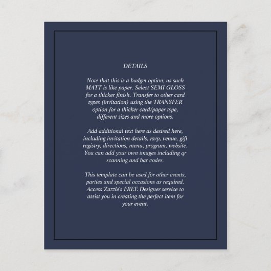 BUDGET Photo Overlay Navy Blue WEDDING Invite (Achterkant)