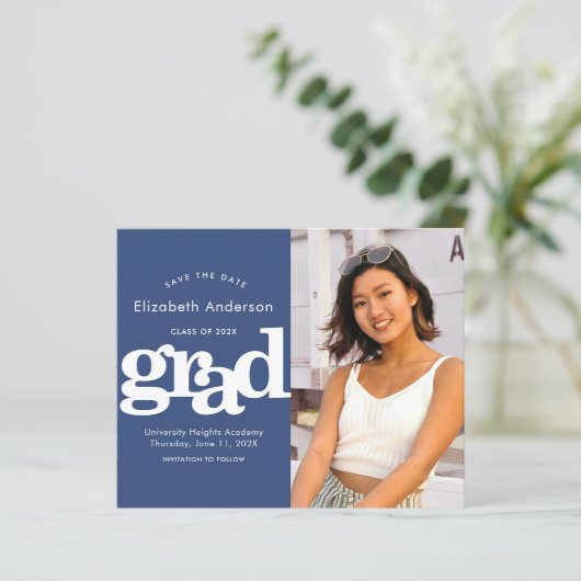 Budget Photo Save Date Afstuderen Navy Invitation (Staand voorkant)