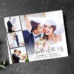 Budget Photo Strip Weddenschappen Reception<br><div class="desc">Budget-vriendelijke elegante elopement of privé huwelijksaankondiging en uitnodiging voor de receptie met uw trouwdag foto overlapt met een strook van drie kleinere vierkante foto's, "Celebrate With Us" in een modern script en uw namen, trouwdatum en locatie in eenvoudige typografie. Aan de andere kant, personaliseer je huwelijksaankondiging en uitnodiging voor de...</div>