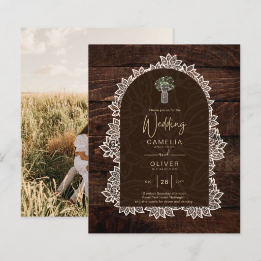 Budget Photo Wedding Invitation Rustic Lace Wood (Voorkant / Achterkant)