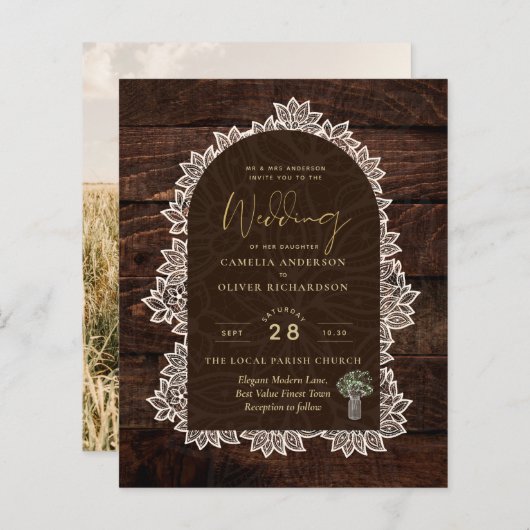 Budget Photo Wedding Invitation Rustic Lace Wood (Voorkant / Achterkant)