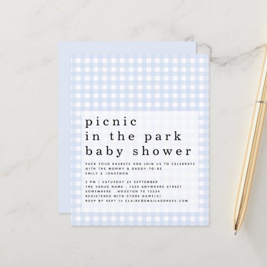 Budget Picnic Park Baby shower Blue Gingham Uitnod (Voorkant / Achterkant in situ)