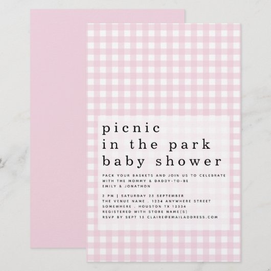 Budget Picnic Park Baby shower Pink Gingham Invite (Voorkant / Achterkant)