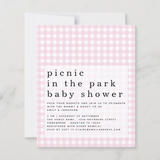 Budget Picnic Park Baby shower Pink Gingham Invite (Voorkant)