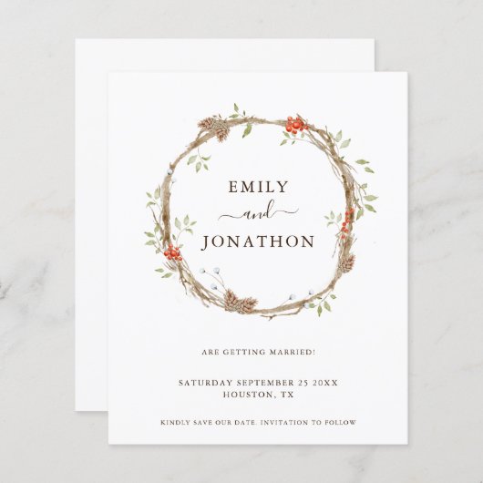 Budget Pine Berries Festive Wedding Save the Date (Voorkant / Achterkant)