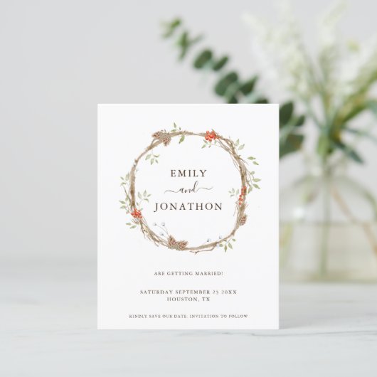 Budget Pine Berries Festive Wedding Save the Date (Staand voorkant)