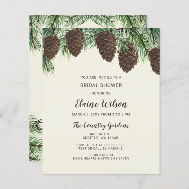 Budget Pine Cone Winter Bridal Shower Uitnodiging (Voorkant / Achterkant)