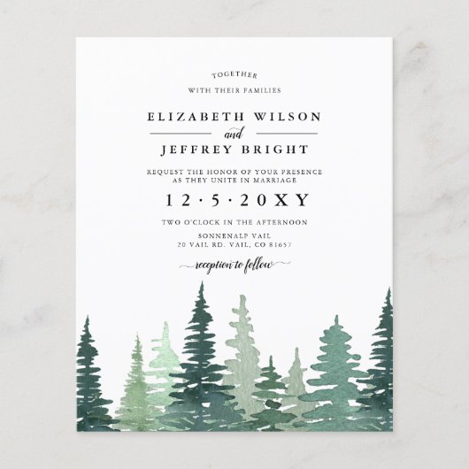 Budget Pine Forest Winter Weduwen Uitnodiging (Voorkant)