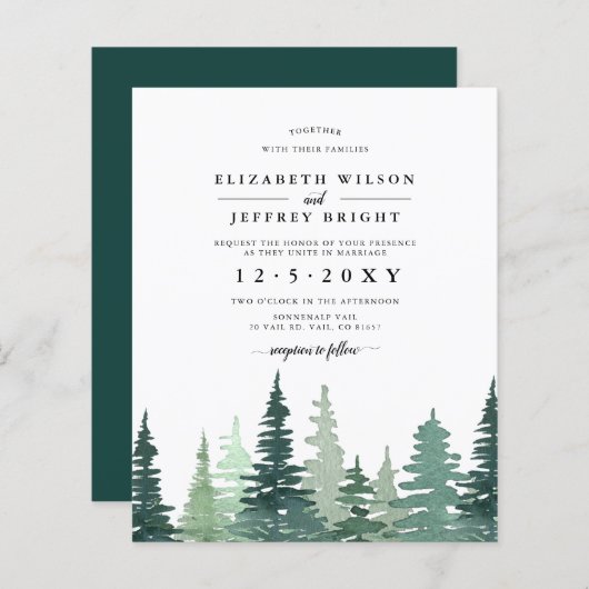 Budget Pine Forest Winter Weduwen Uitnodiging (Voorkant / Achterkant)