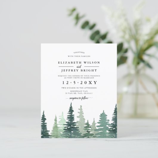 Budget Pine Forest Winter Weduwen Uitnodiging (Staand voorkant)