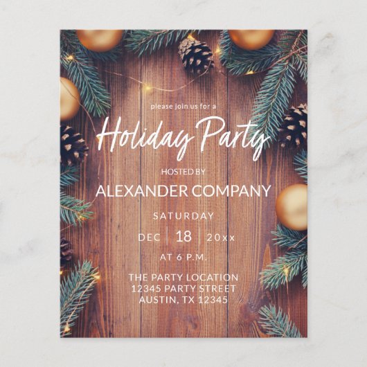 Budget Pine & Gold Ornament Rustic Holiday Party F Flyer (Voorkant)