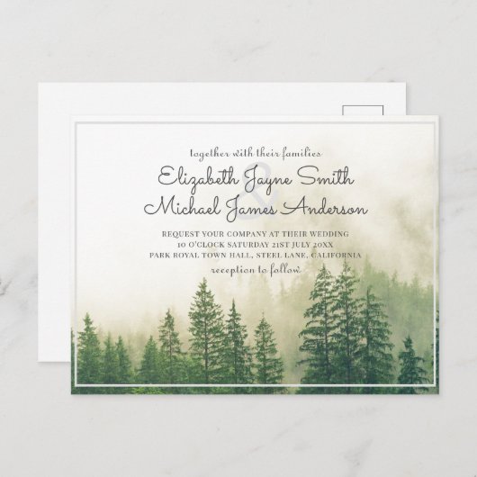 Budget Pine Trees Wedding Invitting Forest Briefkaart (Voorkant / Achterkant)
