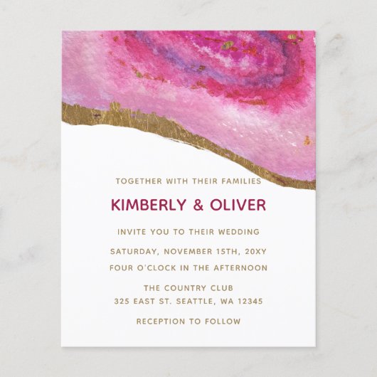 Budget Pink and Gold Agate Wedding Invitation (Voorkant)