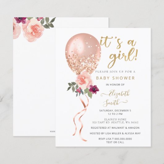 Budget Pink Balloon Baby shower (Voorkant / Achterkant)