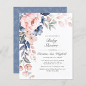 Budget Pink Blue Floral Baby shower Uitnodiging (Voorkant / Achterkant)
