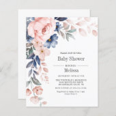 Budget Pink Blue Floral Baby shower Uitnodiging (Voorkant / Achterkant)