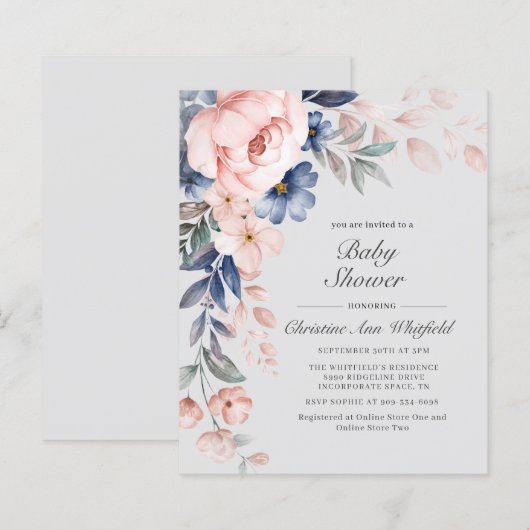 Budget Pink Blue Floral Baby shower Uitnodiging (Voorkant / Achterkant)