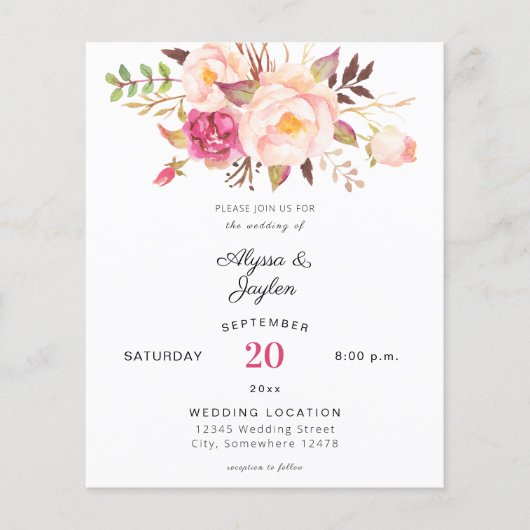 Budget Pink Blush Blooming Floral Wedding Flyer (Voorkant)