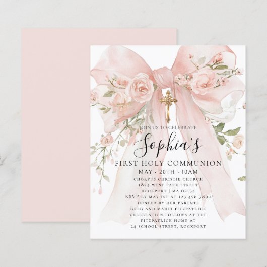 BUDGET Pink Bow Rose Floral First Communion Invite (Voorkant / Achterkant)