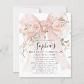 BUDGET Pink Bow Rose Floral First Communion Invite (Voorkant)