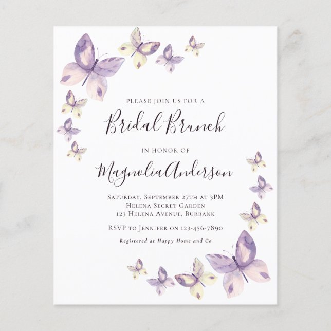 Budget Pink Butterfly Bridal Brunch Uitnodiging (Voorkant)