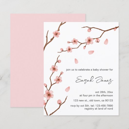 Budget Pink Cherry Blossom Baby shower Uitnodiging (Voorkant / Achterkant)