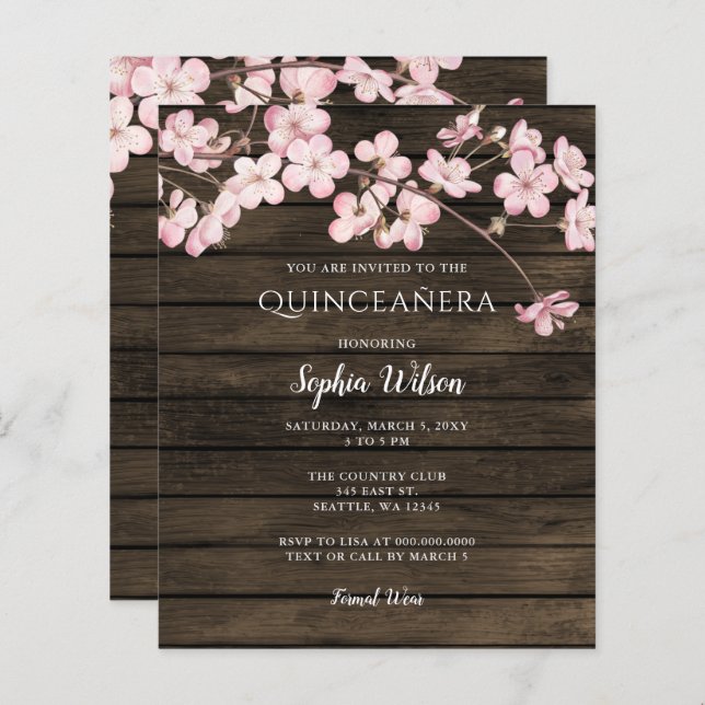 Budget Pink Cherry Blossom Quinceañera Uitnodiging (Voorkant / Achterkant)