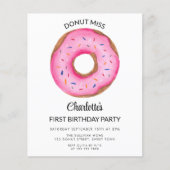 Budget Pink Donut Girl's eerste verjaardagsuitnodi (Voorkant)