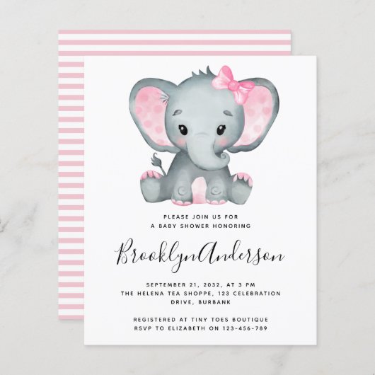 BUDGET Pink Elephant Baby shower Uitnodiging (Voorkant / Achterkant)