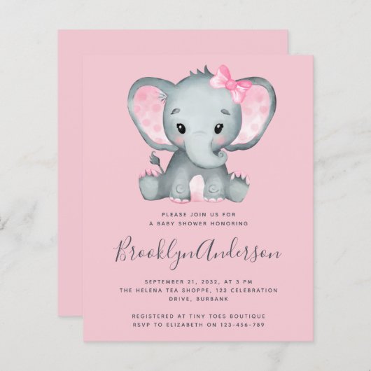 BUDGET Pink Elephant Baby shower Uitnodiging (Voorkant / Achterkant)