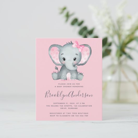 BUDGET Pink Elephant Baby shower Uitnodiging (Staand voorkant)