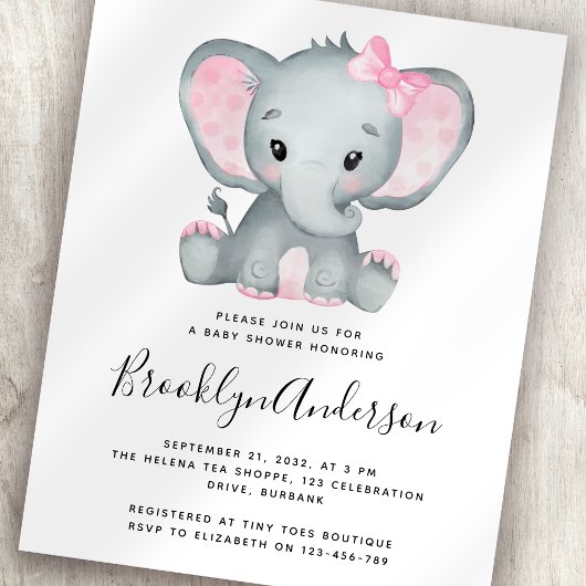 BUDGET Pink Elephant Baby shower Uitnodiging