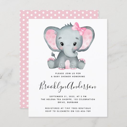 BUDGET Pink Elephant Baby shower Uitnodiging (Voorkant / Achterkant)