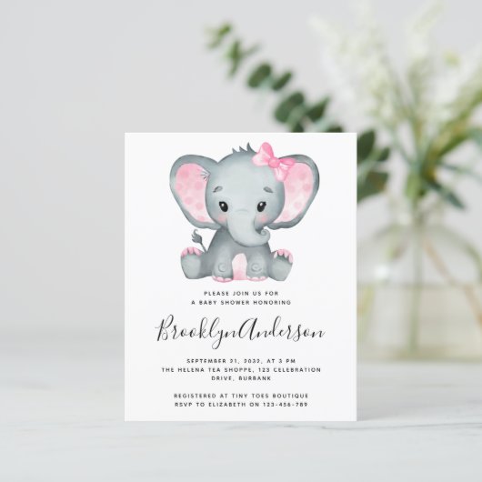 BUDGET Pink Elephant Baby shower Uitnodiging (Staand voorkant)