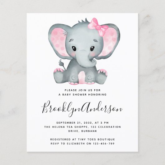 BUDGET Pink Elephant Baby shower Uitnodiging (Voorkant)
