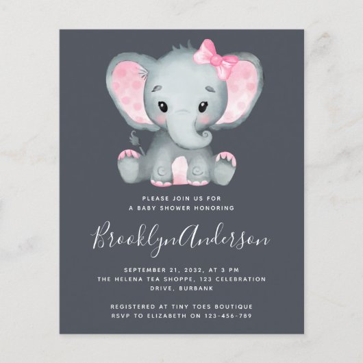 BUDGET Pink Elephant Baby shower Uitnodiging (Voorkant)