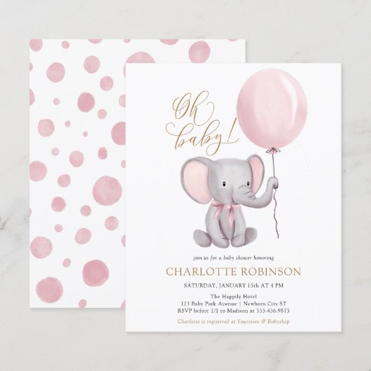 Budget Pink Elephant Girl Baby shower Uitnodiging (Voorkant / Achterkant)
