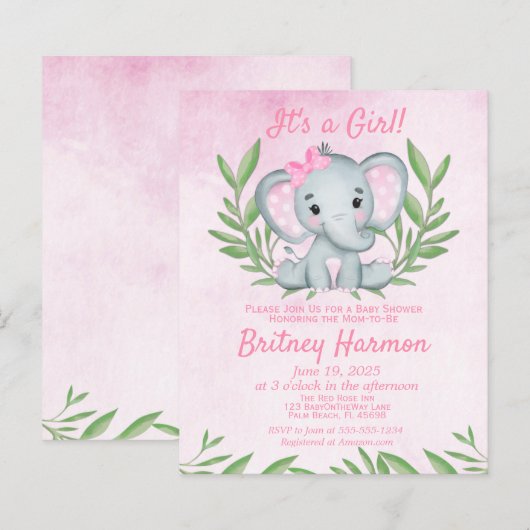 Budget Pink Elephant Girl Baby shower Uitnodiging (Voorkant / Achterkant)