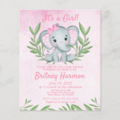 Budget Pink Elephant Girl Baby shower Uitnodiging (Voorkant)