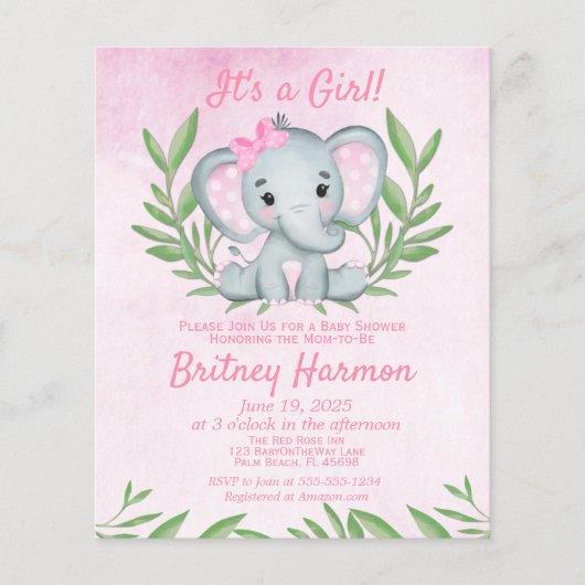 Budget Pink Elephant Girl Baby shower Uitnodiging (Voorkant)