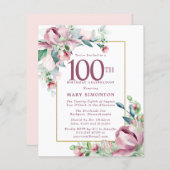 Budget Pink Floral 100th Birthday Uitnodiging (Voorkant / Achterkant)