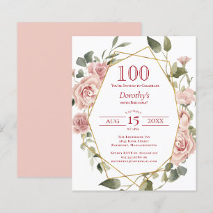 Budget Pink Floral 100th Birthday Uitnodiging