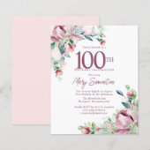 Budget Pink Floral 100th Birthday Uitnodiging (Voorkant / Achterkant)