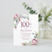 Budget Pink Floral 100th Birthday Uitnodiging (Staand voorkant)